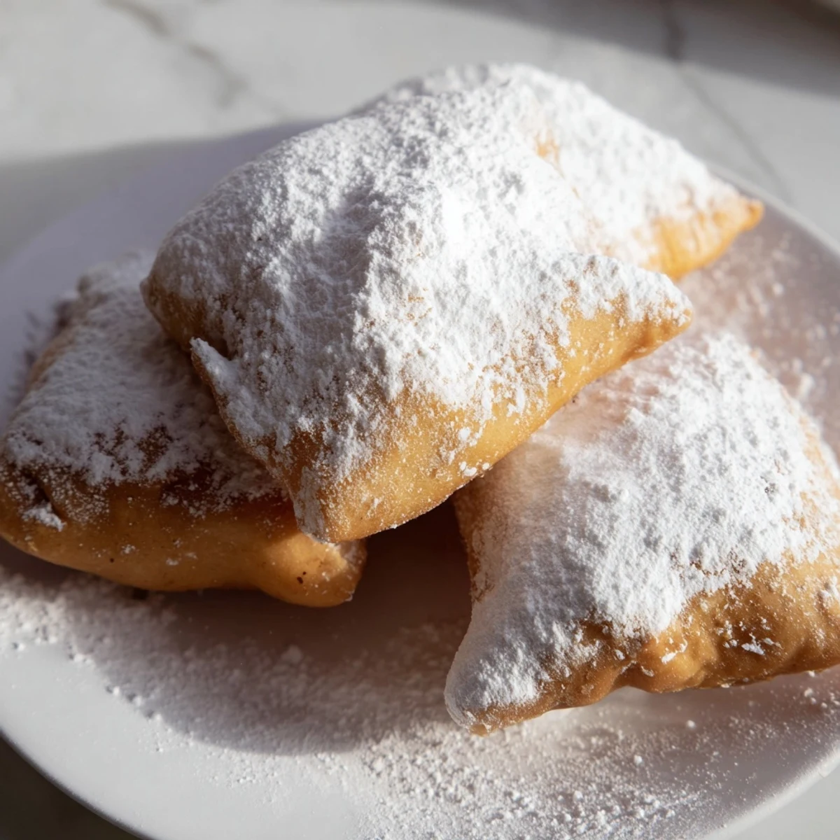Stack of warm Mardi Gras Beignets with Powdered Sugar ready to eat for a festive sweet treat.