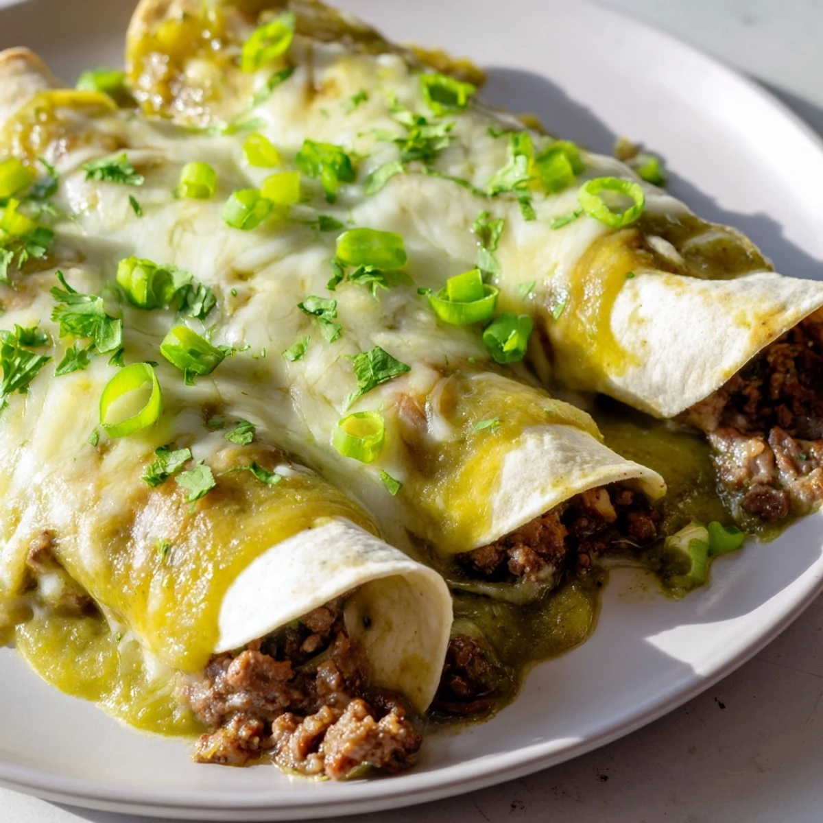 Golden-brown Beef Enchiladas smothered in green chili sauce, topped with melted cheese and fresh cilantro garnish.