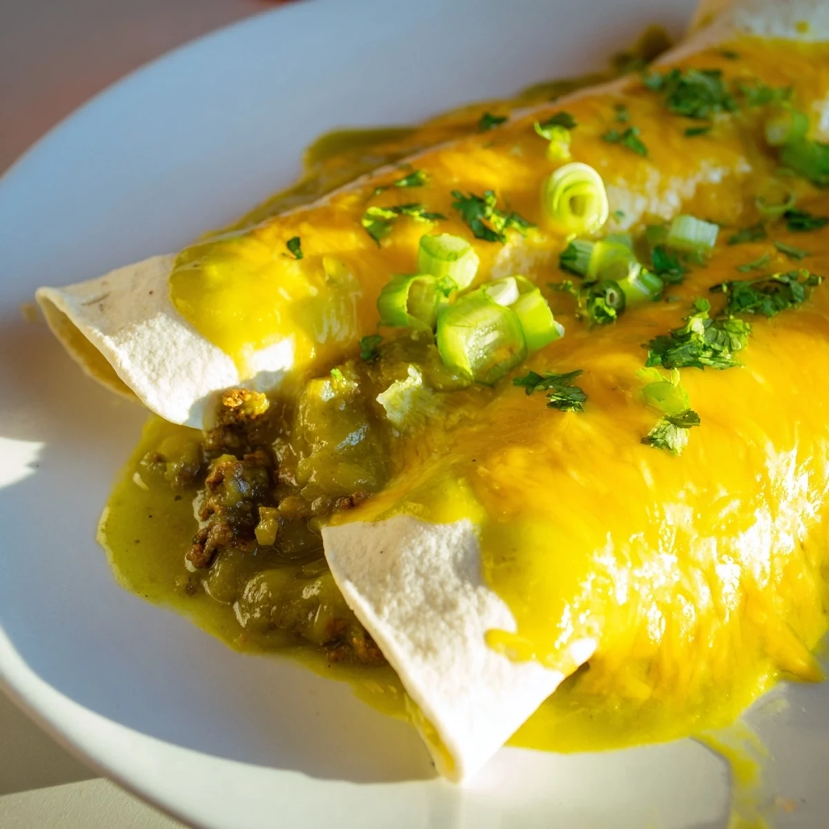 Sizzling Beef Enchiladas with Green Chili Sauce baked in a casserole dish, ready for a family dinner.
