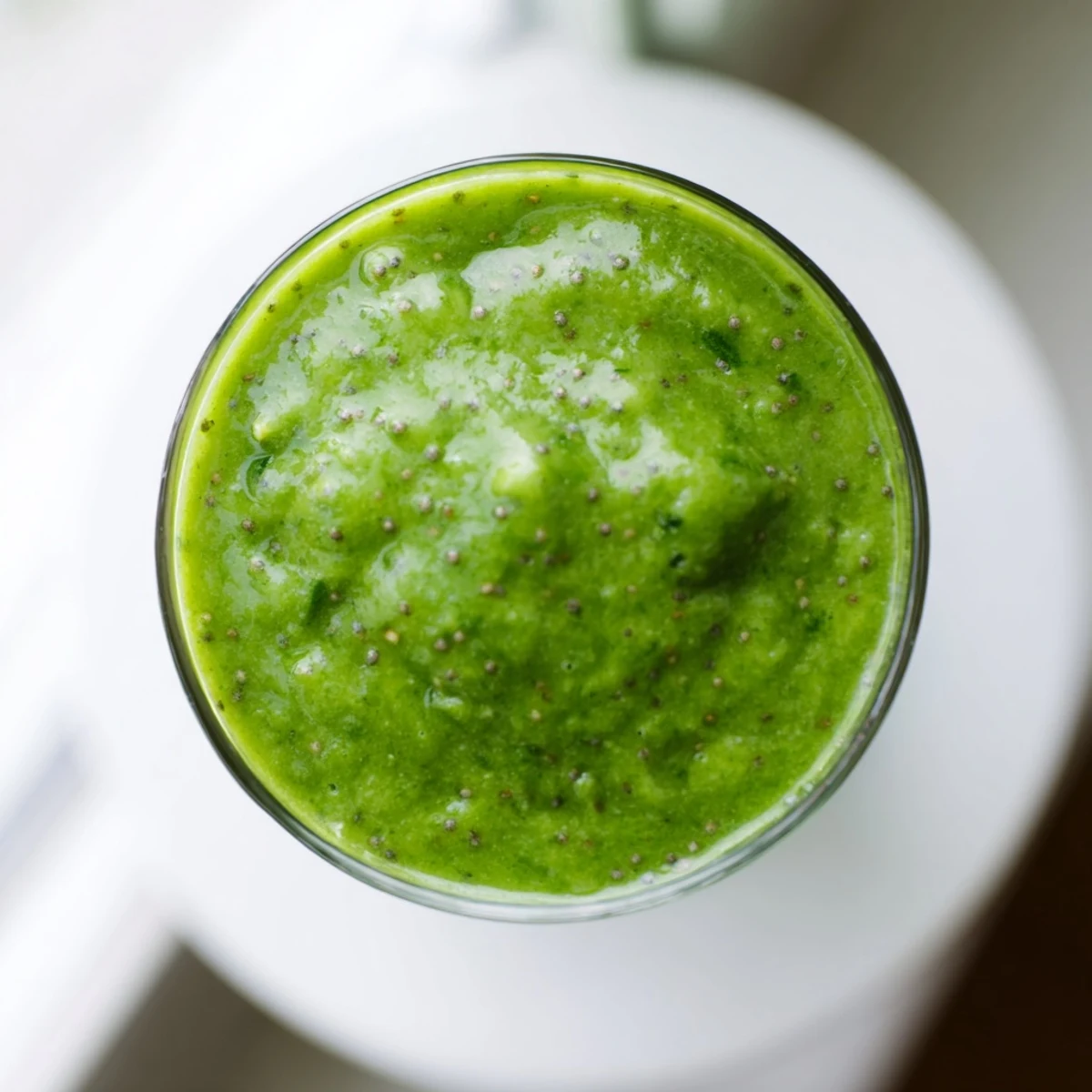 A tall glass of vibrant Green Smoothie with Spinach and Apple, garnished with apple slices and spinach leaves.
