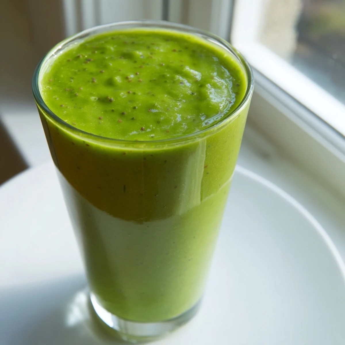 Enjoy a frothy Green Smoothie with Spinach and Apple served over ice, perfect for a healthy breakfast.