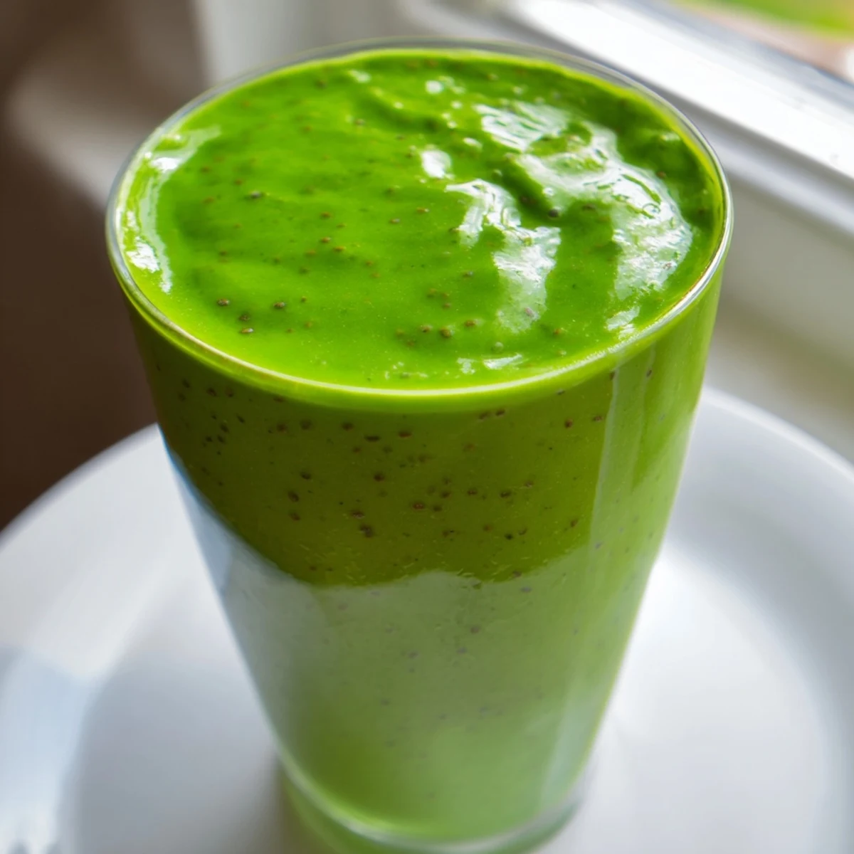 This refreshing Green Smoothie with Spinach and Apple rests beside whole apples on a bright kitchen counter.