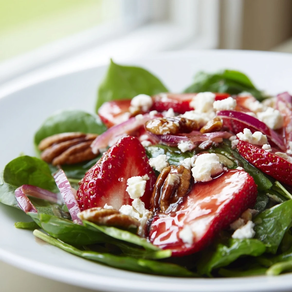 Freshly sliced strawberries and toasted pecans atop baby spinach with crumbled feta in Strawberry Spinach Salad with Pecans. 
