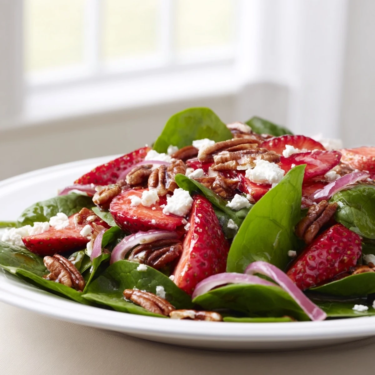 Vibrant Strawberry Spinach Salad with Pecans dressed in tangy balsamic vinaigrette, served as a colorful side dish for lunch. 