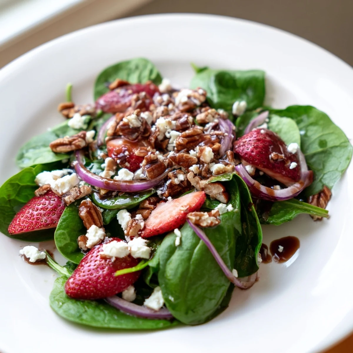 Sweet strawberries, crunchy pecans, and creamy feta on tender spinach make this Strawberry Spinach Salad with Pecans a refreshing bite.
