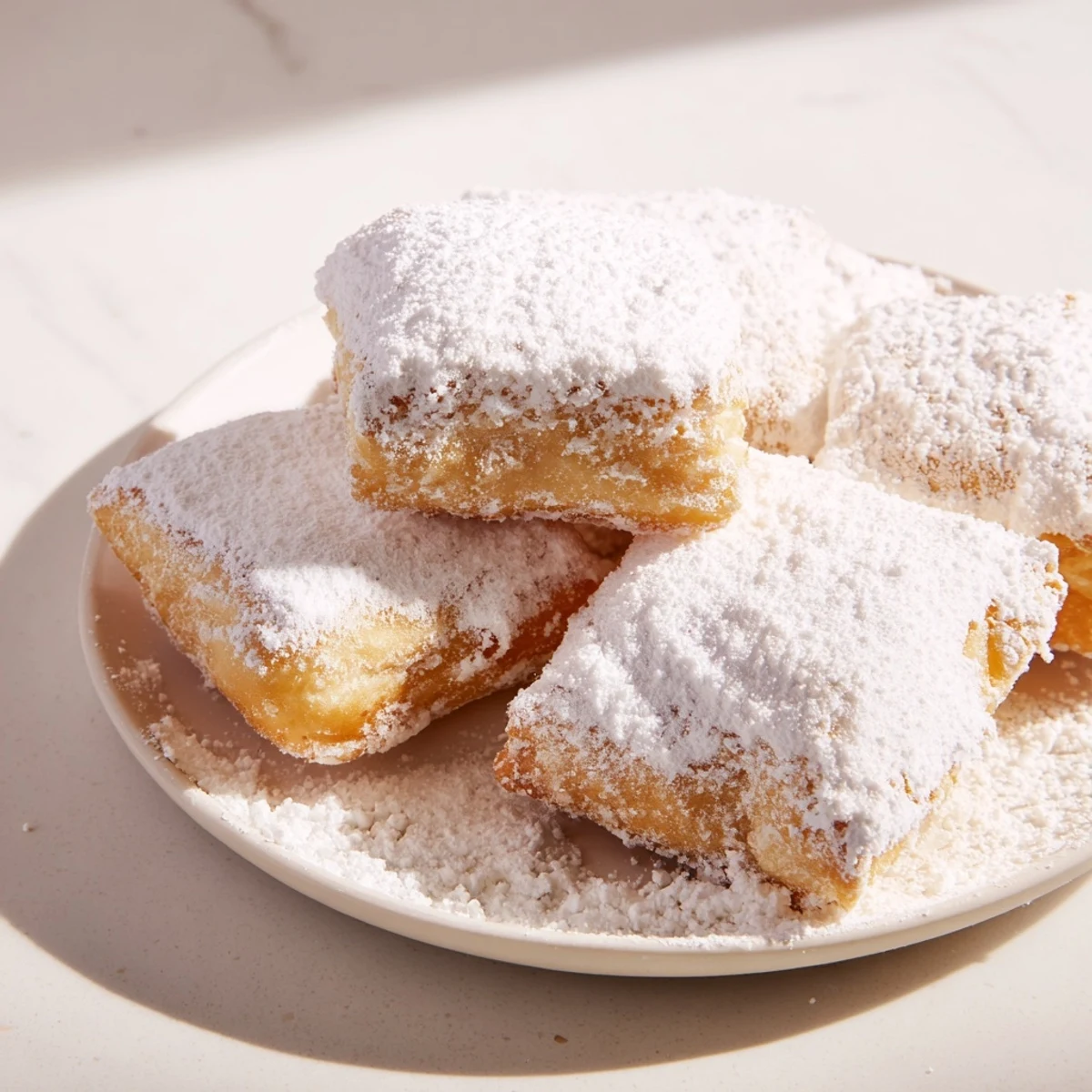Freshly fried Mardi Gras Beignets with Powdered Sugar are stacked on a plate, showcasing their puffed, airy texture ready to be enjoyed.