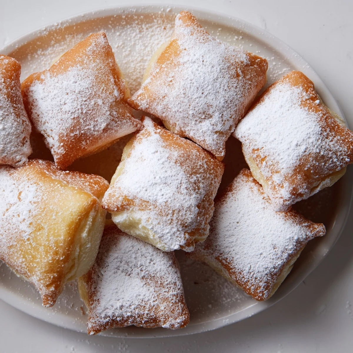 A close-up of Mardi Gras Beignets with Powdered Sugar highlights the sweet white sugar coating on the warm, square pastries.