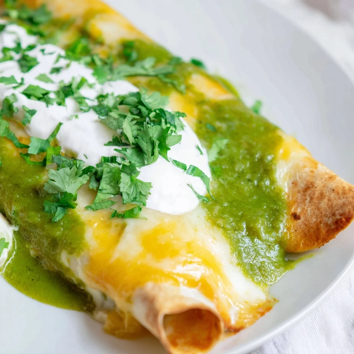 Tender beef inside warm tortillas, smothered in tangy green tomatillo sauce and melted cheese for a hearty Mexican meal.