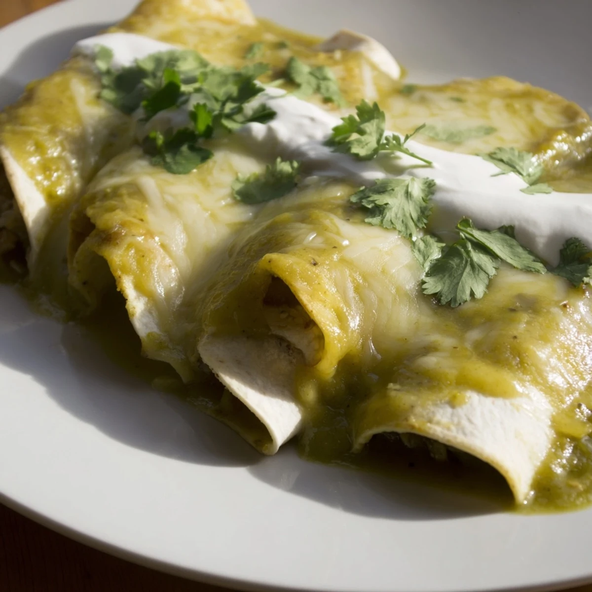 Fresh cilantro and sour cream garnish these bubbling Beef Enchiladas with Green Sauce straight from the oven.