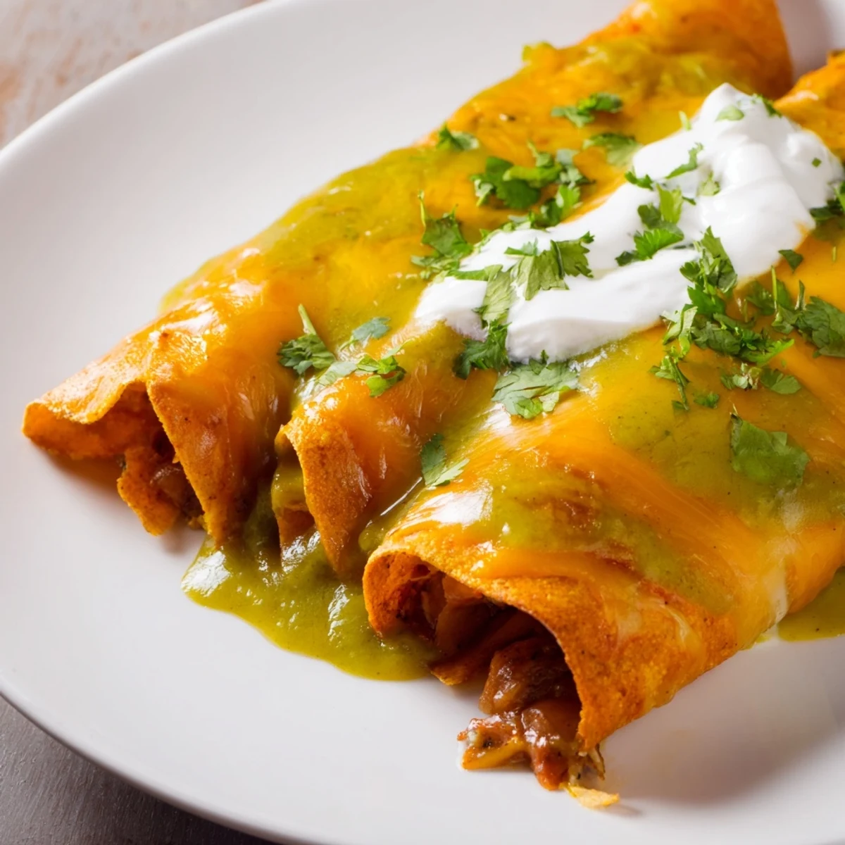 Juicy ground beef filling is rolled in corn tortillas, drenched in vibrant green sauce and Monterey Jack cheese.