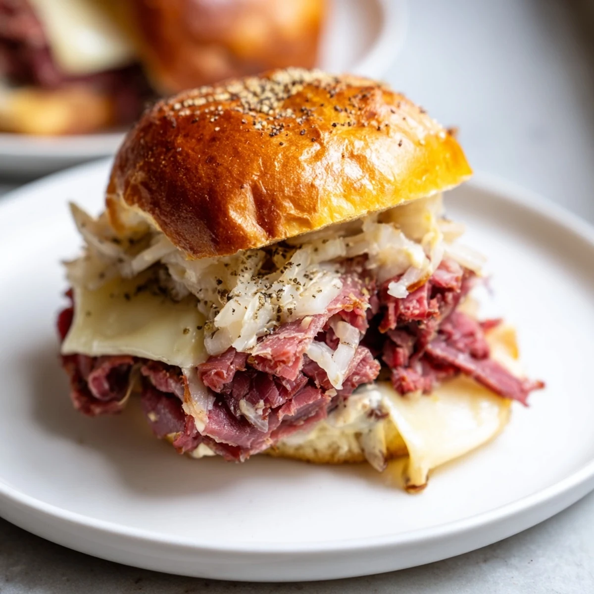 Party-ready corned beef sliders with melted cheese and tangy sauce, garnished with caraway seeds on buttery buns.