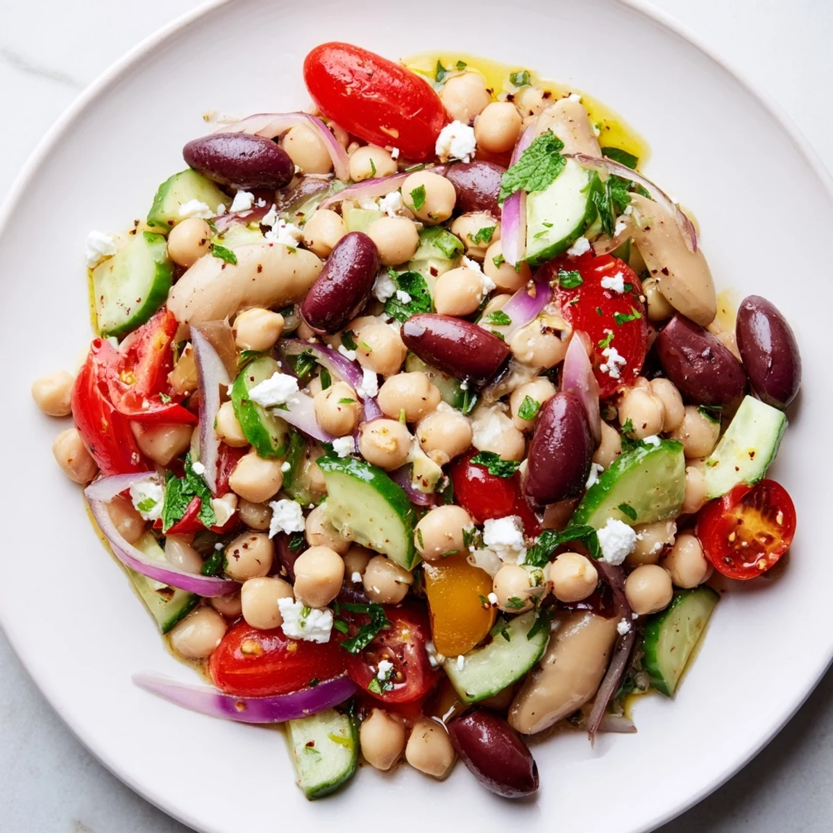 Fresh Mediterranean Dense Bean Salad with chickpeas, cherry tomatoes, and crumbled feta cheese on a white plate.  