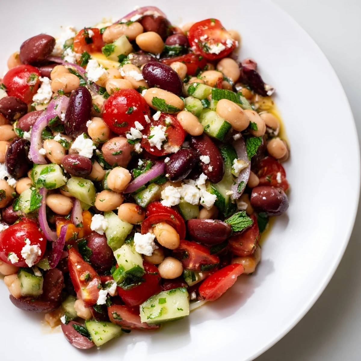 Colorful Mediterranean Dense Bean Salad served in a clear glass bowl, perfect as a vibrant side dish.  