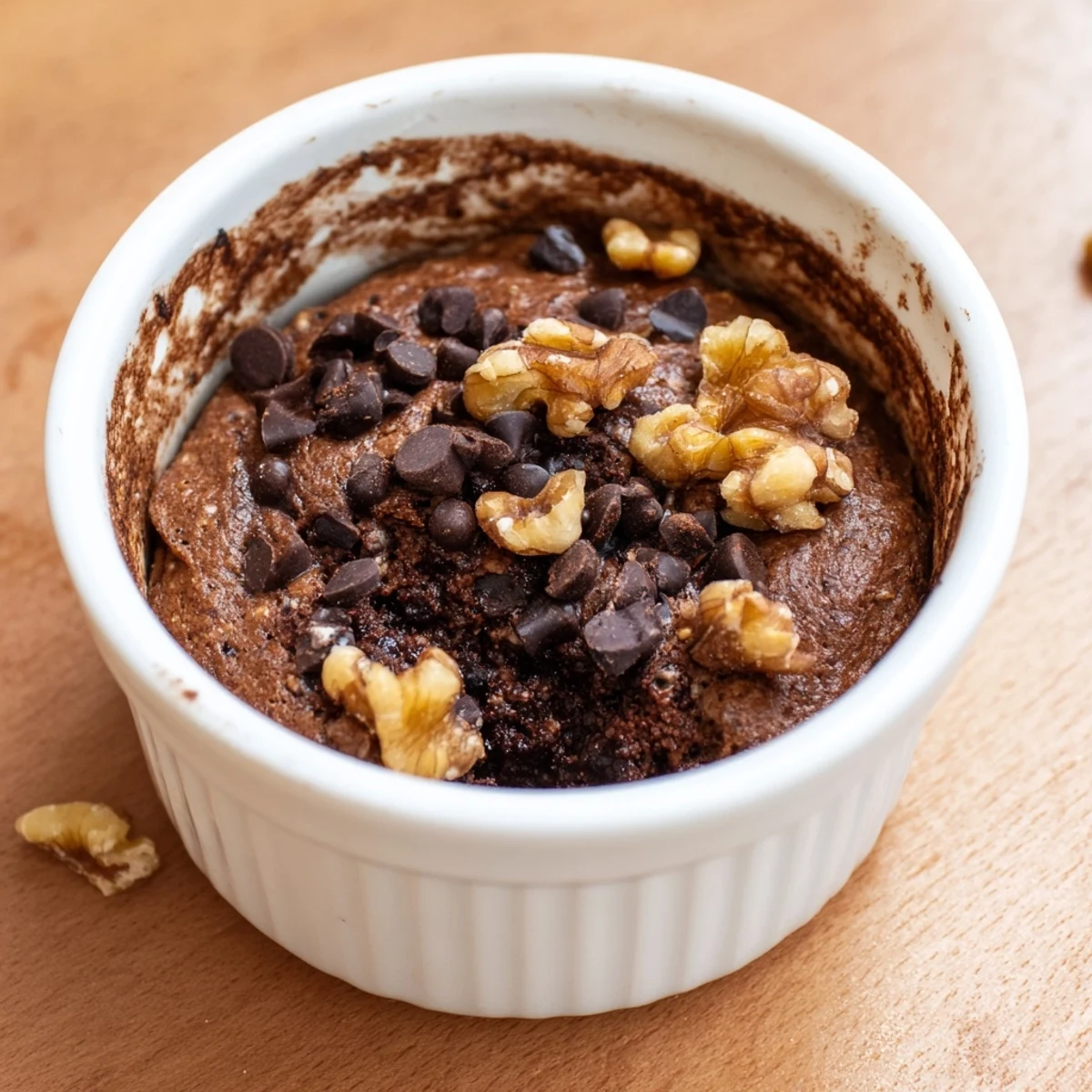 Warmly baked Easy Chocolate Baked Oats in ramekins, rich cocoa aroma and melted chocolate chips, served as cozy breakfast.
