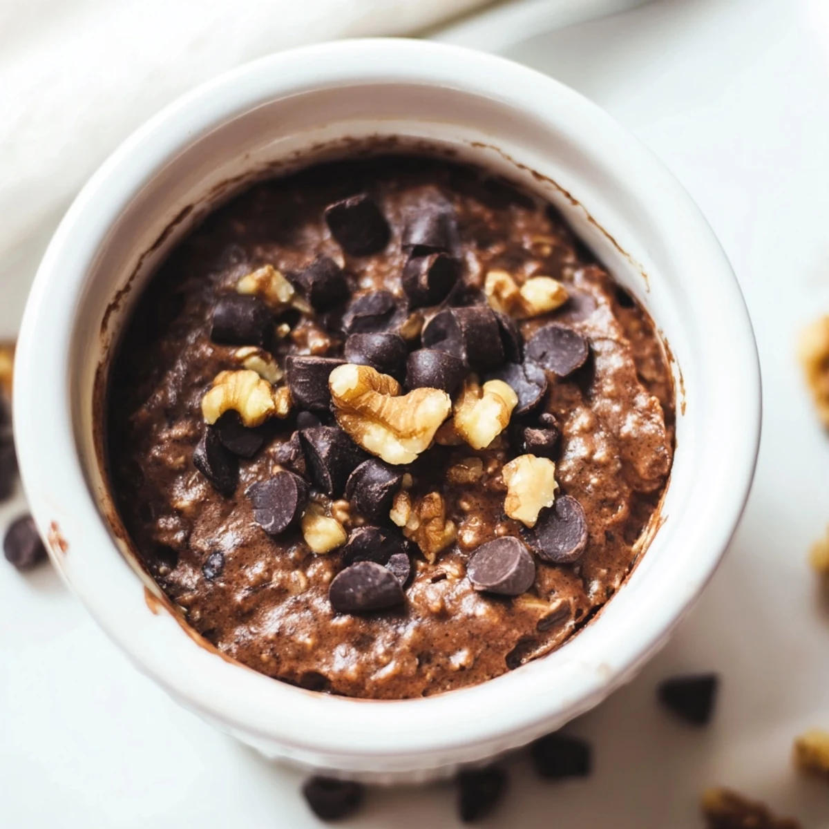 Easy Chocolate Baked Oats topped with extra chocolate chips, fork-ready with a crackled center, ideal for a cozy morning.