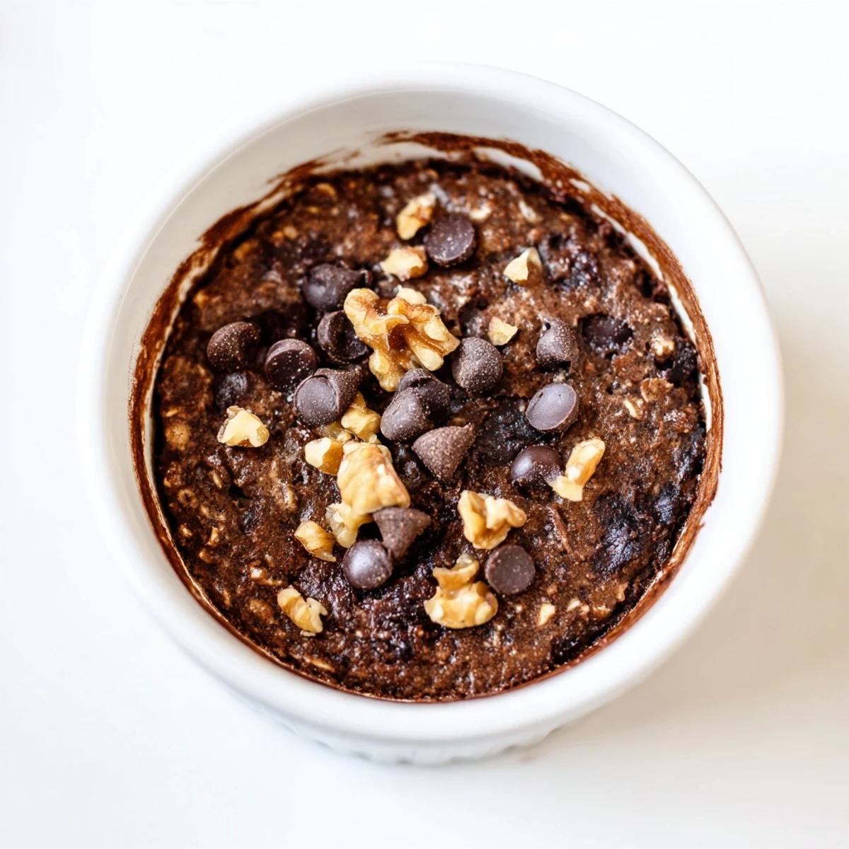 Fudgy and warm Easy Chocolate Baked Oats in a small dish, optionally topped with sliced bananas or yogurt.