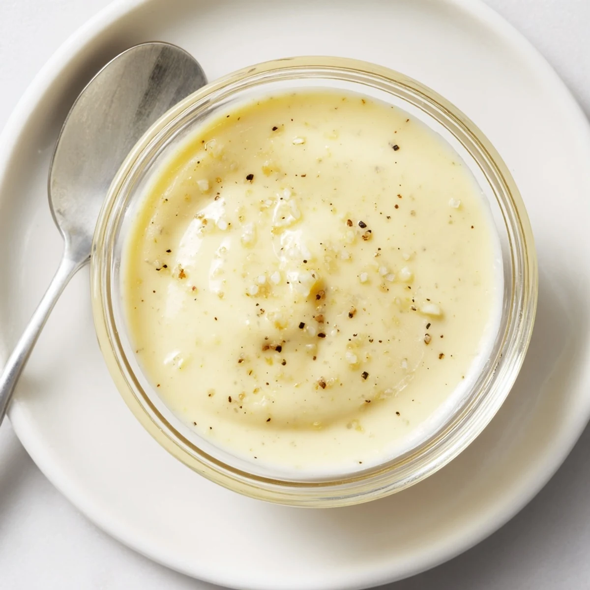 A creamy Lemon Dijon Dressing is drizzled over a vibrant green salad with mixed greens.