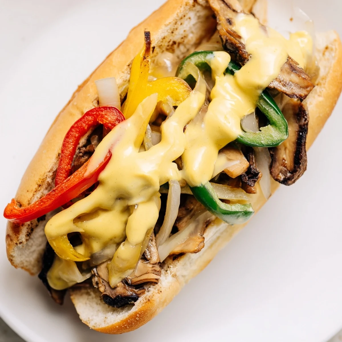 A plant-based Vegan Philly Cheesesteak with colorful vegetables and creamy vegan cheese sauce on a table.