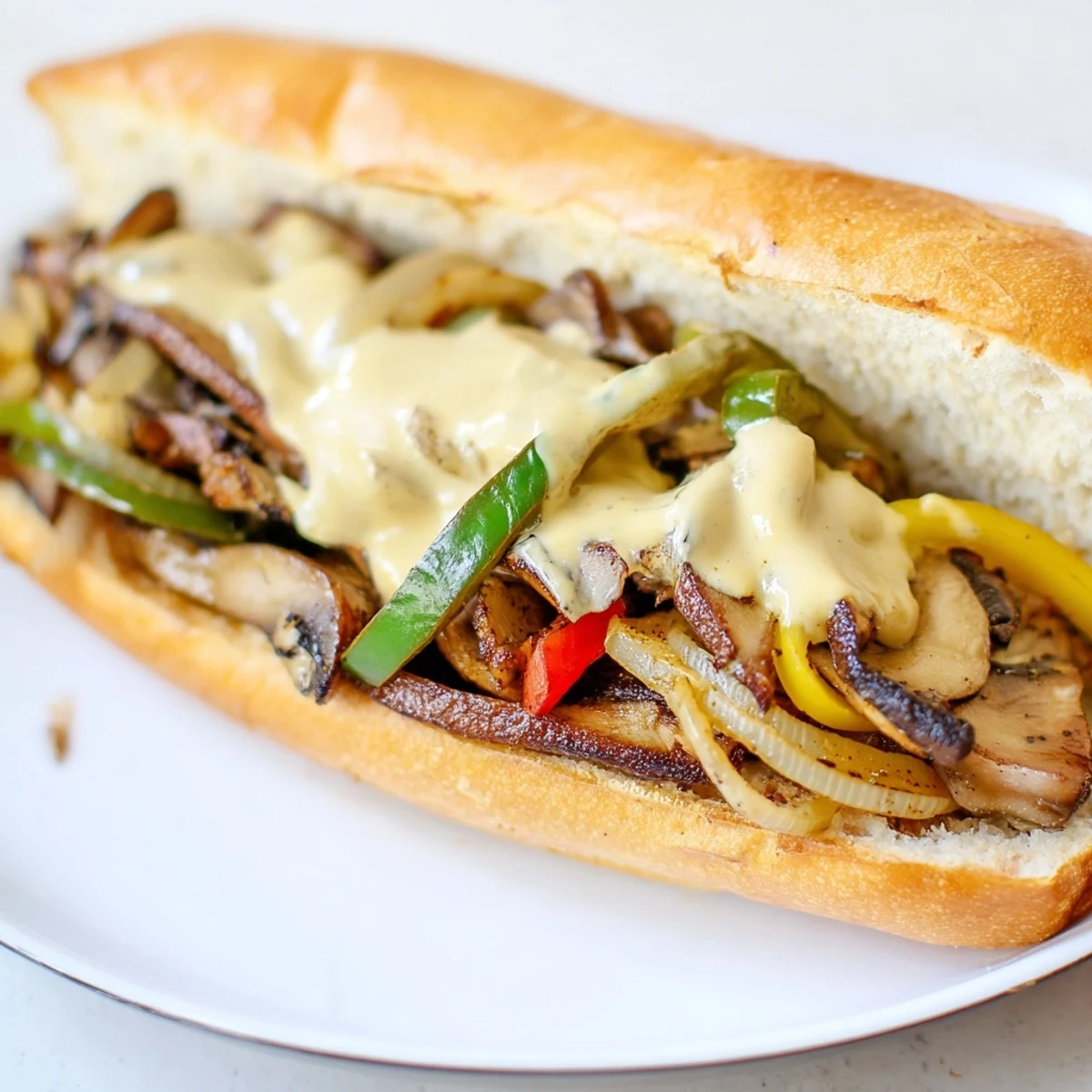 Close-up of a hearty Vegan Philly Cheesesteak showing toasted bread and savory mushroom filling.