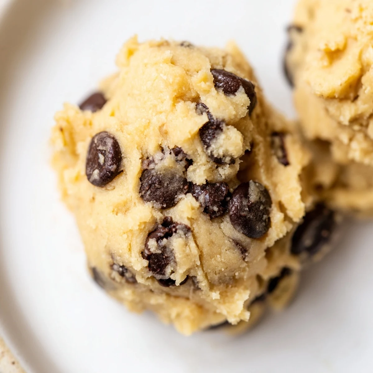 A close-up of edible keto cookie dough with sugar-free chocolate chips in a mixing bowl, ready to eat.