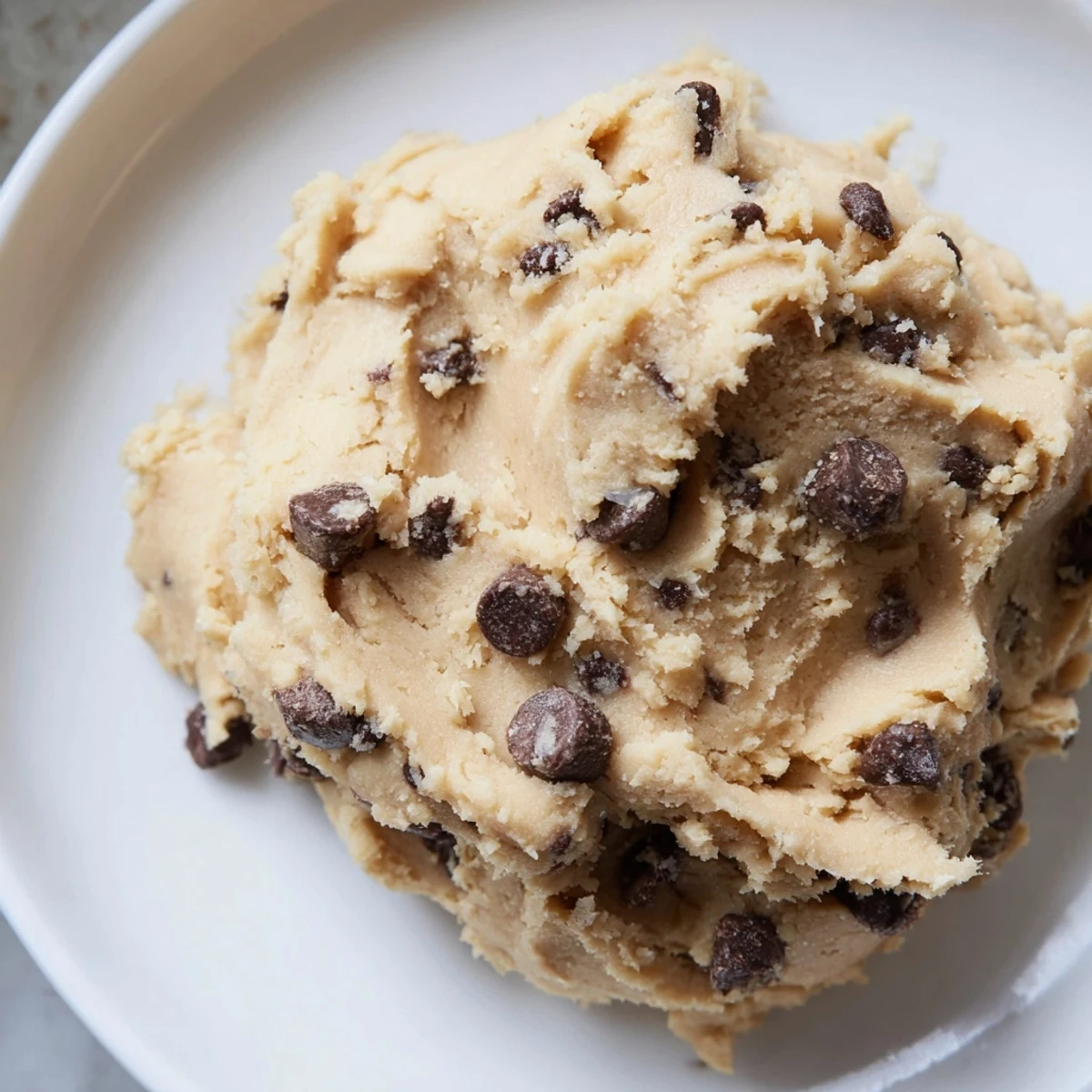 Smooth creamy edible keto cookie dough is being scooped from a chilled bowl for a quick low-carb treat.