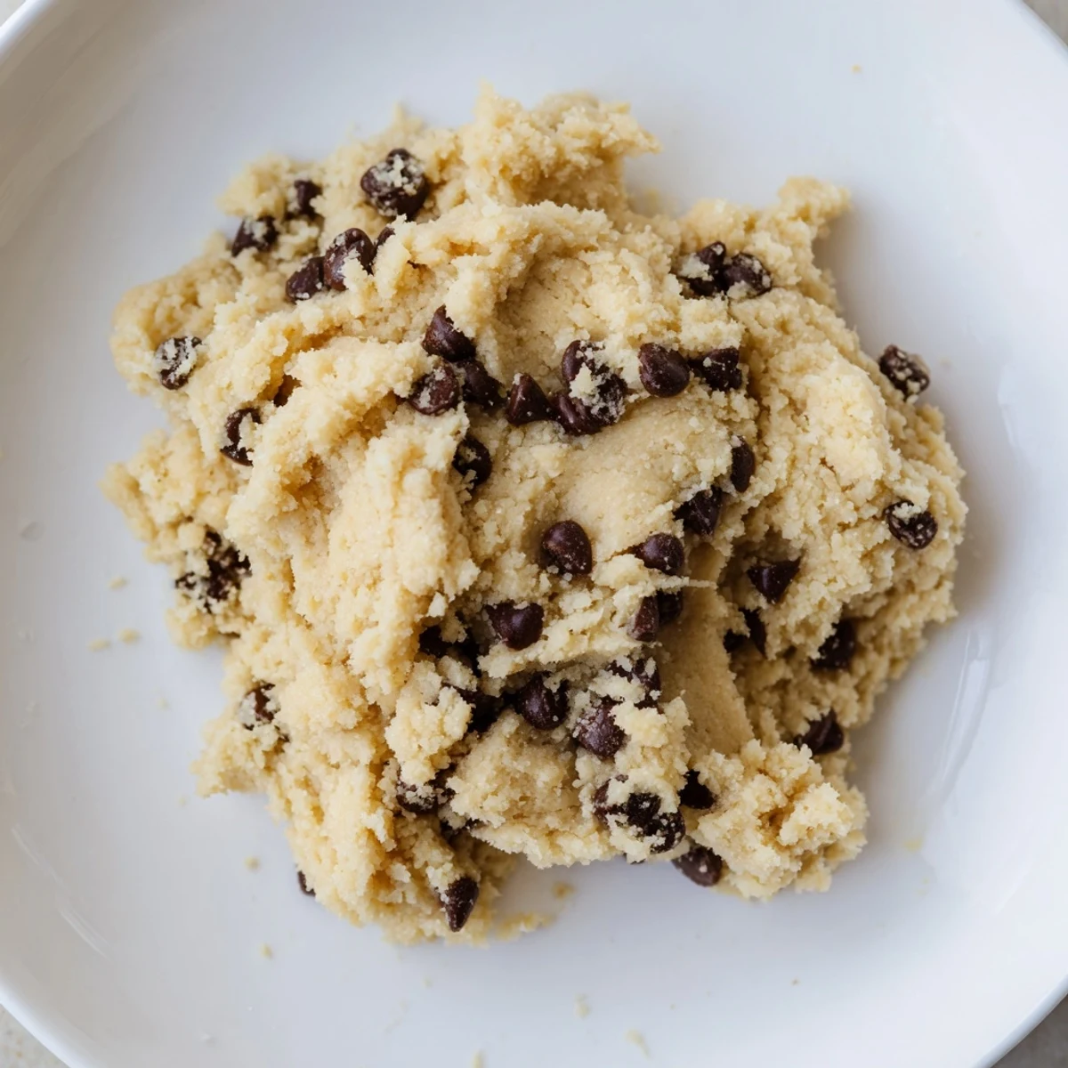 Serving suggestion of edible keto cookie dough in a dessert jar topped with extra chocolate chips and a spoon.