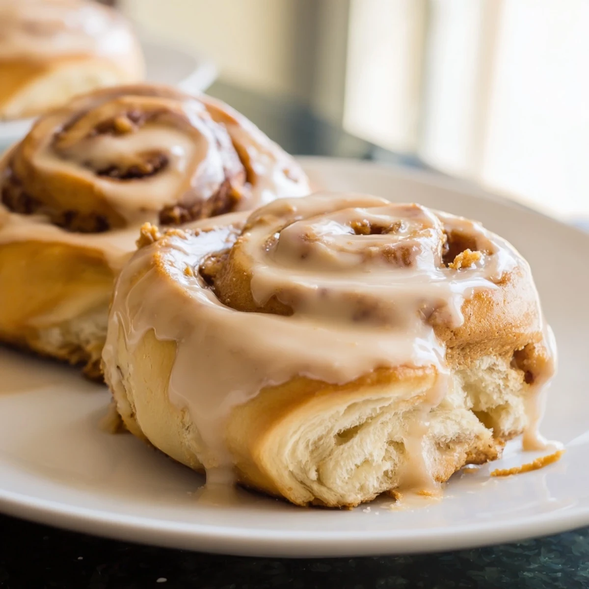 A close-up of Soft and Gooey Biscoff Cinnamon Rolls reveals golden edges and a sweet cookie spread filling, perfect for an American breakfast.  