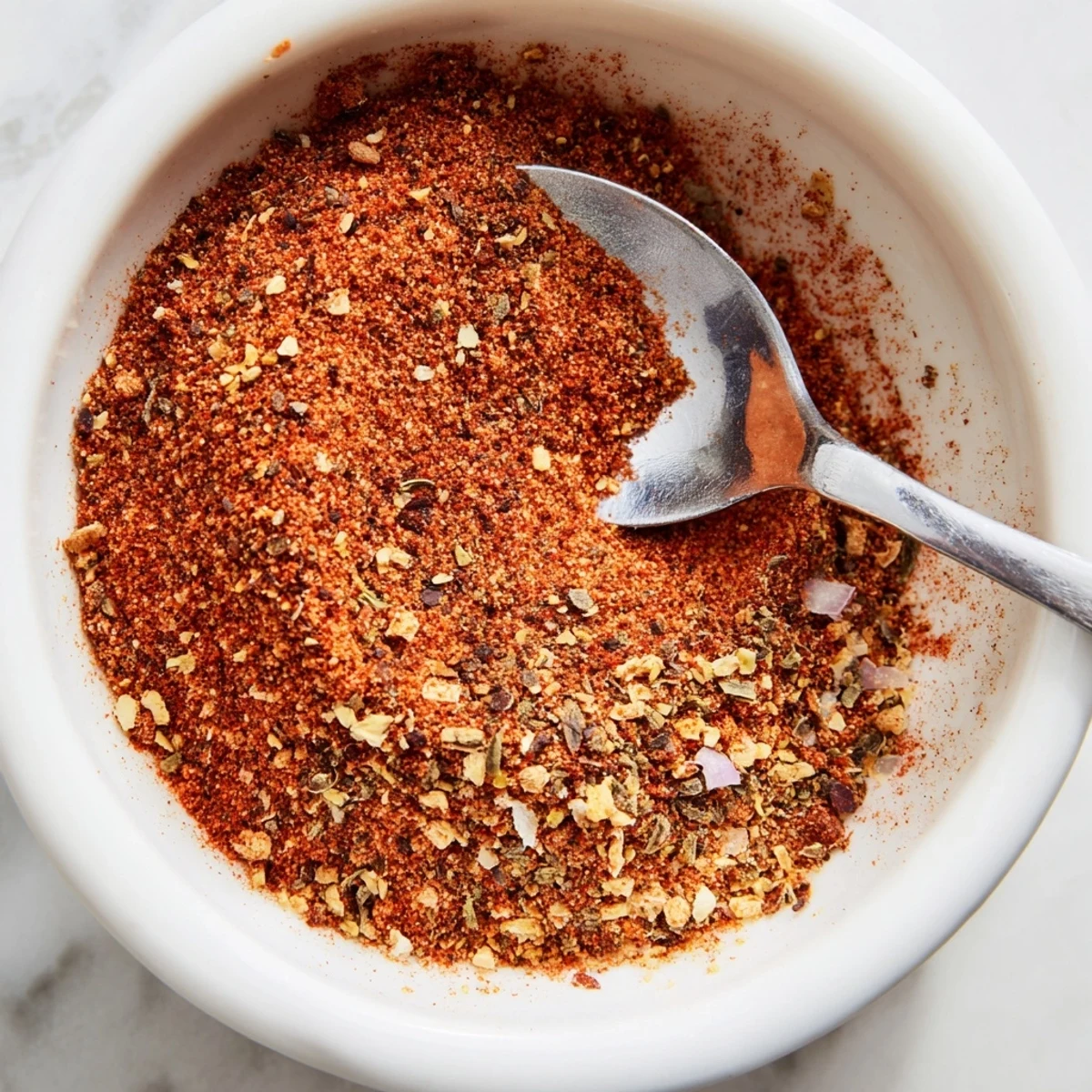 Close-up of a vibrant red-brown Easy Homemade Taco Seasoning Mix in a clear glass jar with a small wooden scoop, ready to use for flavorful tacos or burritos.