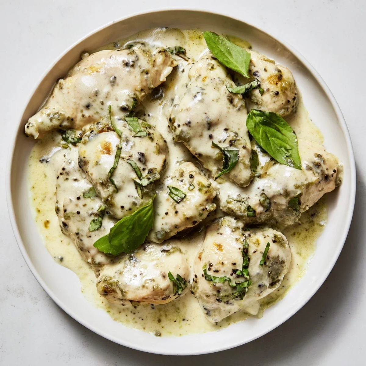 Juicy Pesto Ranch Crock Pot Chicken Thighs served over creamy mashed potatoes with fresh basil garnish for a comforting dinner.