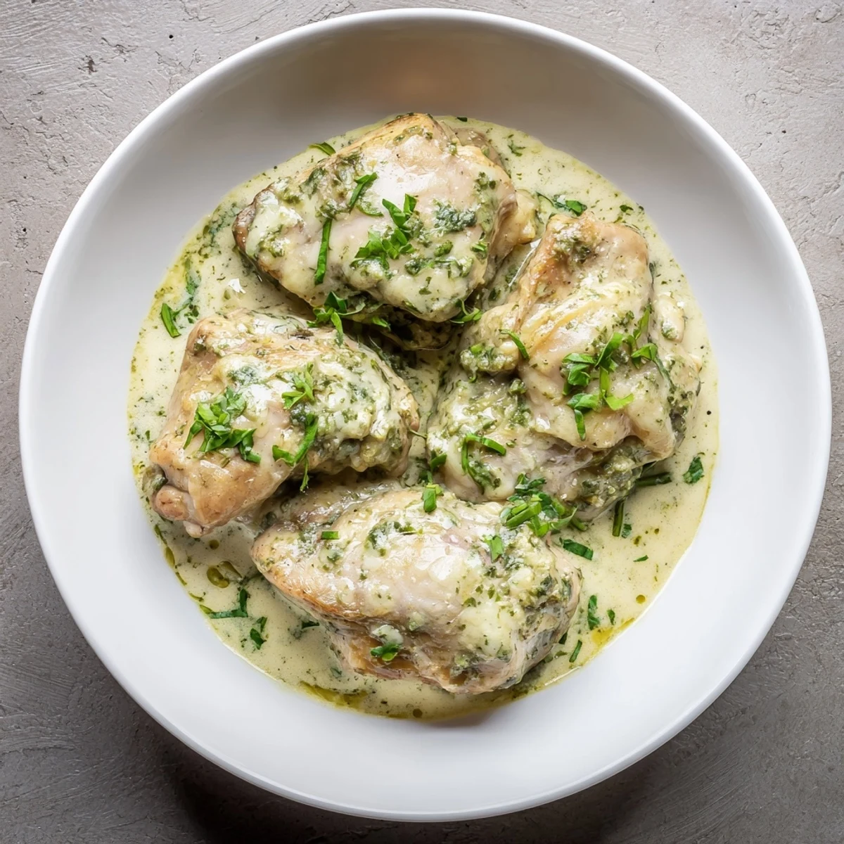 Tender Pesto Ranch Crock Pot Chicken Thighs slow-cooked in a rich, herby sauce, ready to be spooned over steamed rice.