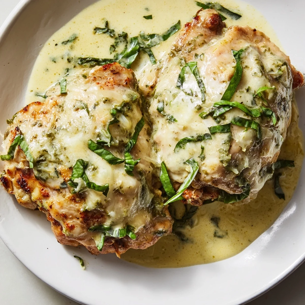 A close-up of Pesto Ranch Crock Pot Chicken Thighs with melted Parmesan and a glossy pesto ranch sauce, perfect for weeknights.