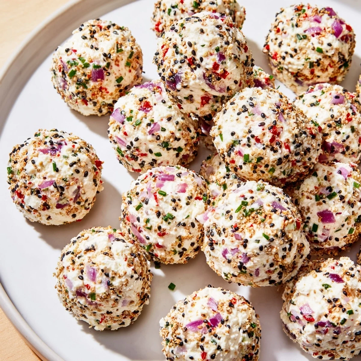 Crisp-coated cottage cheese bites with everything bagel seasoning and red onion, served on a marble board for appetizers.