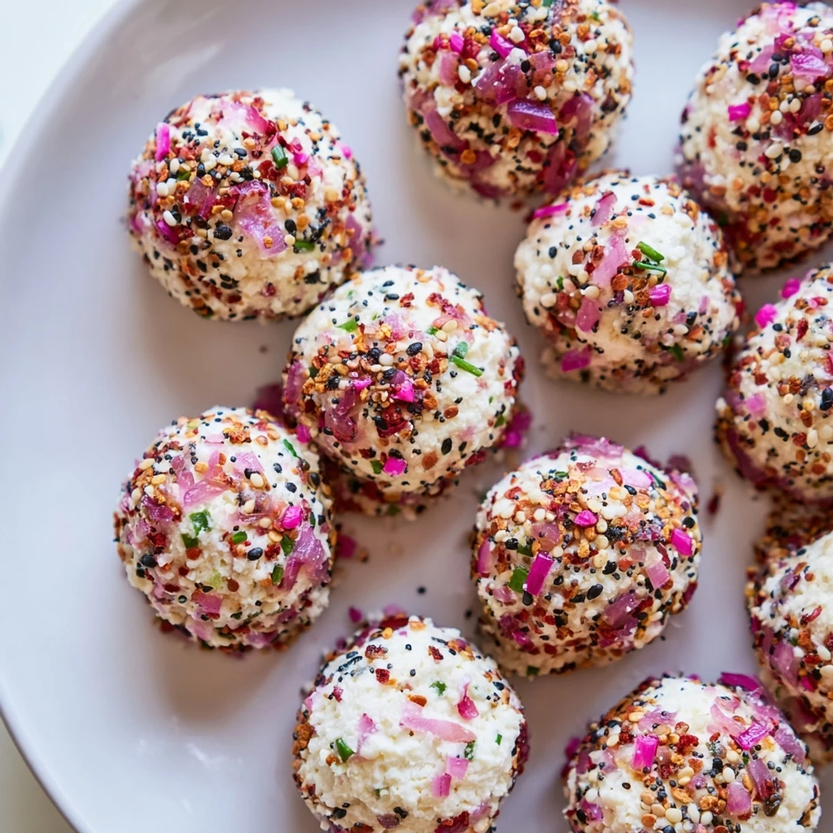 Golden-brown everything bagel cottage cheese bites arranged on a white platter, garnished with fresh chives for a savory snack.