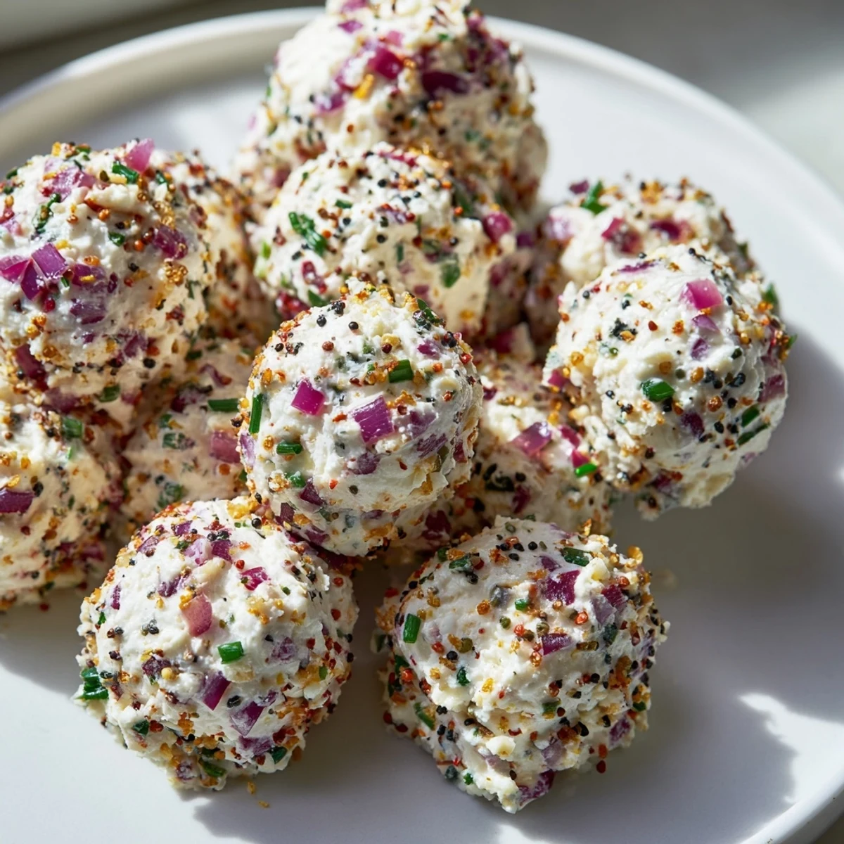 Creamy everything bagel cottage cheese bites displayed with poppy seeds and cucumber slices for a fresh, gluten-free bite.