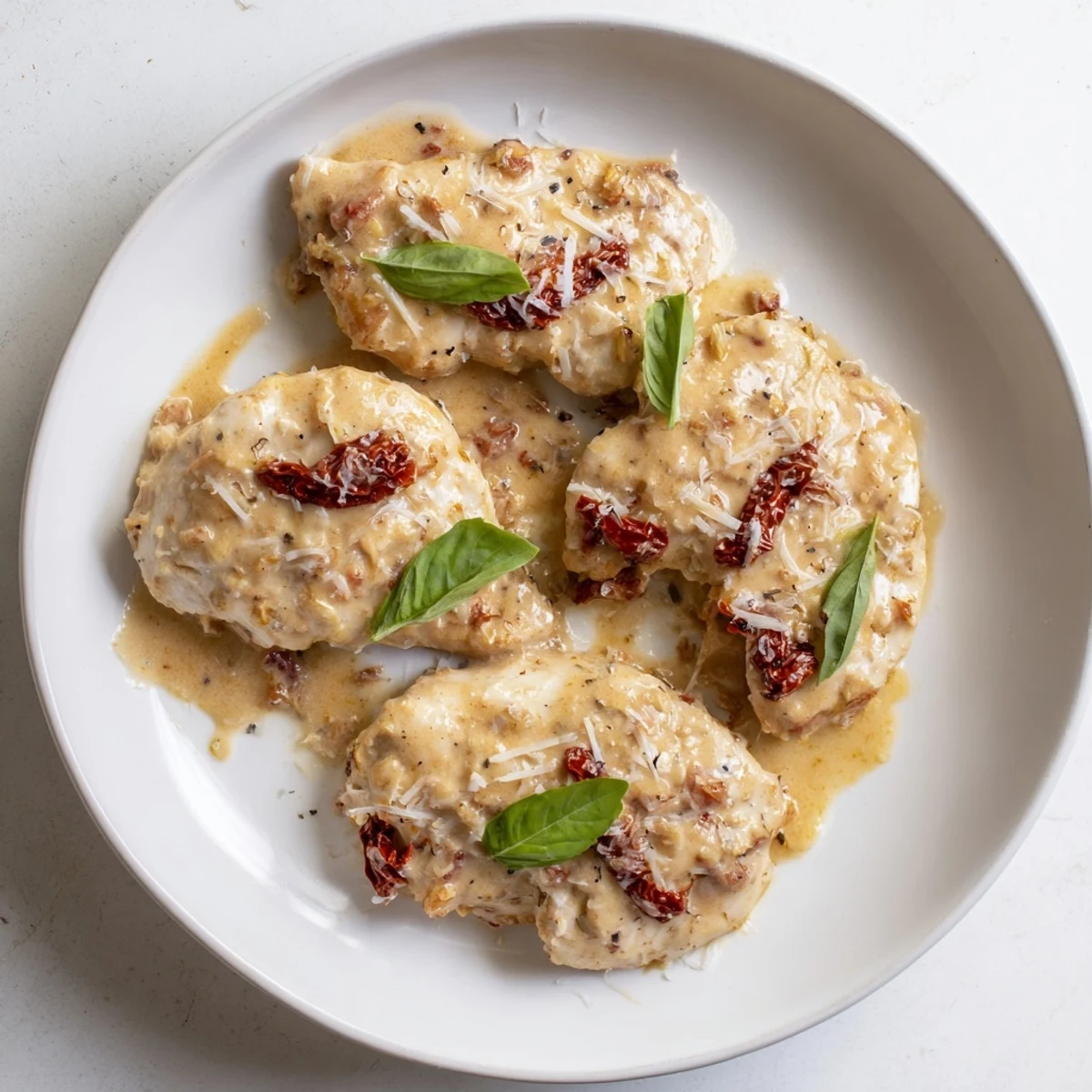 Golden, tender chicken breasts slow-cooked in a creamy sun-dried tomato sauce, topped with Parmesan and fresh basil.