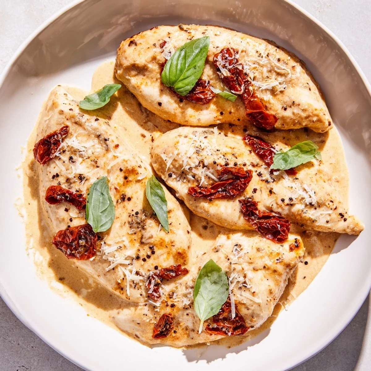 Creamy Marry Me Slow Cooker Chicken Breast served over steamed broccoli with extra sauce and fresh herbs.