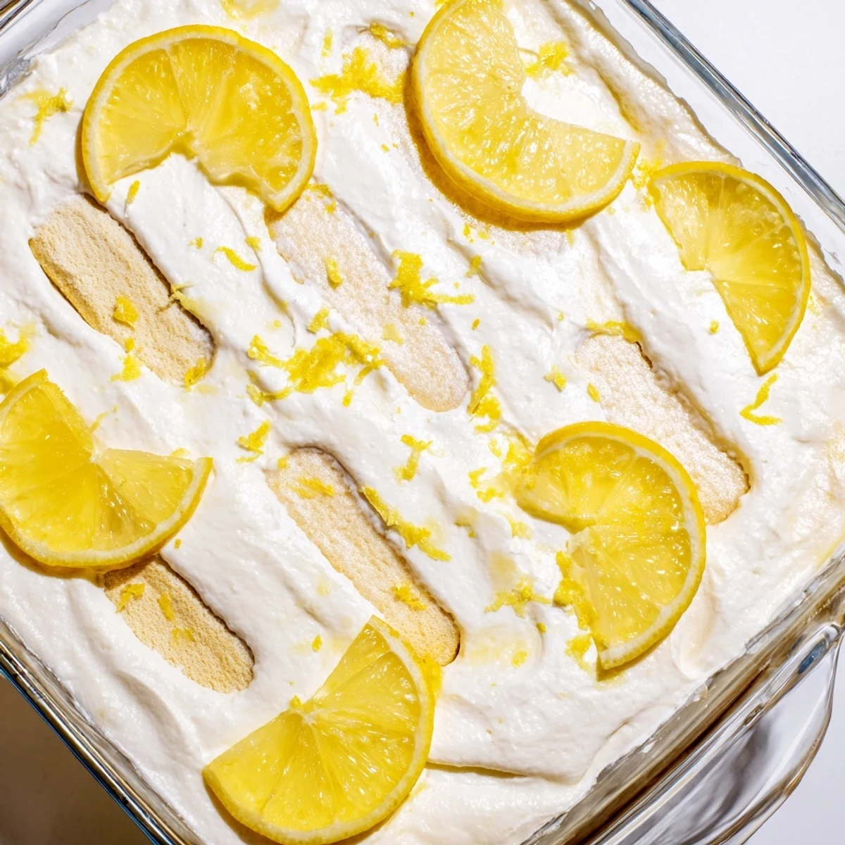 Creamy layers of Easy Lemon Tiramisu No Bake Dessert with bright zest on a white plate.