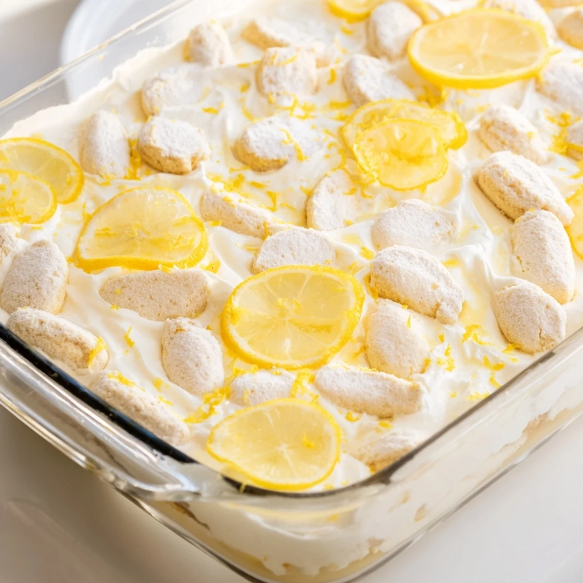 A close-up of Easy Lemon Tiramisu No Bake Dessert, garnished with lemon slices for summer gatherings.