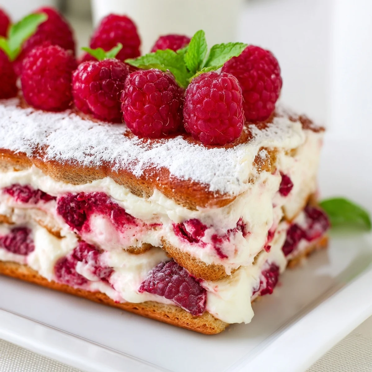 A vibrant slice of Fresh Raspberry Tiramisu showcases layered espresso-soaked ladyfingers and creamy mascarpone.