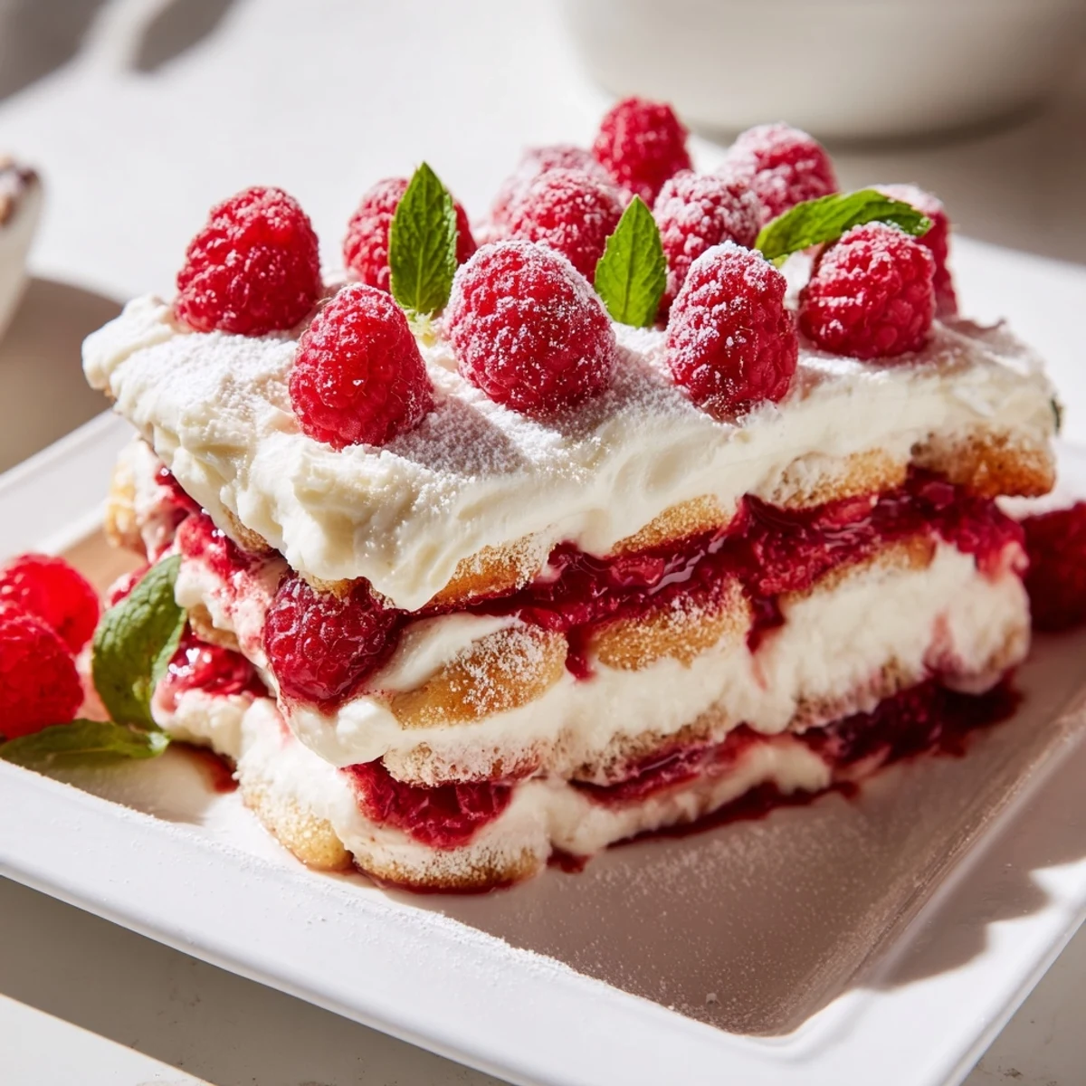 Fresh Raspberry Tiramisu dessert is garnished with juicy berries and a dusting of powdered sugar.