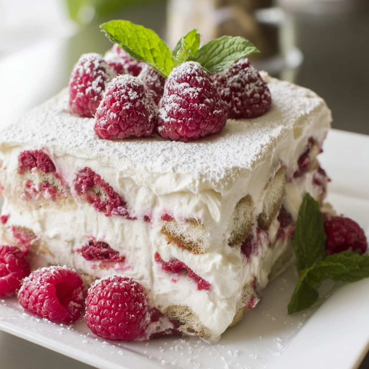 Bright Fresh Raspberry Tiramisu served in a glass dish with fresh mint and raspberries on top.