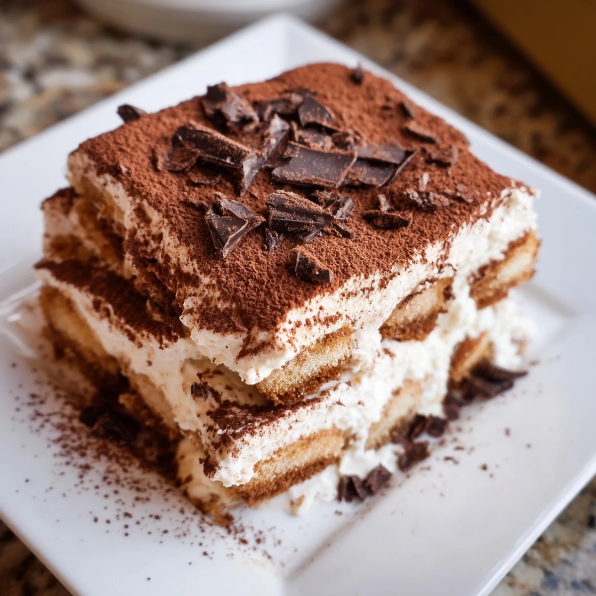 Perfectly layered Easy Tiramisu with dusted cocoa powder on a rustic wooden table.