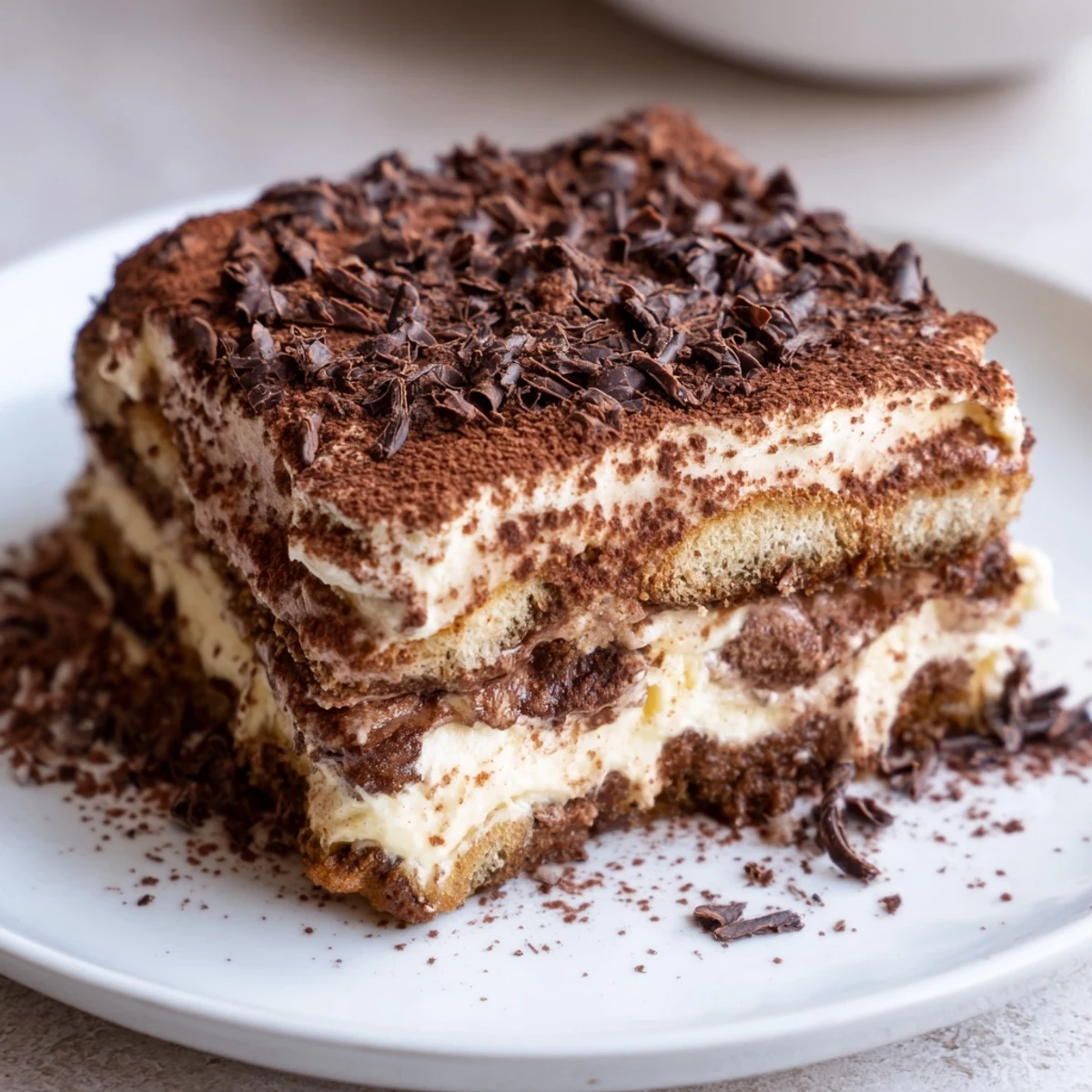 A chilled slice of Easy Tiramisu showcasing creamy mascarpone and coffee-soaked ladyfingers.