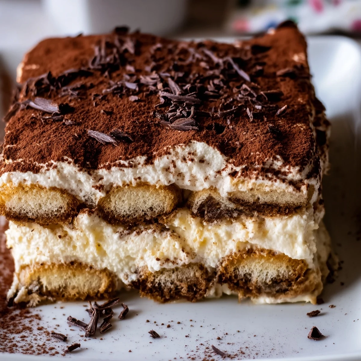 Close-up of homemade Easy Tiramisu featuring rich espresso and decadent chocolate shavings.