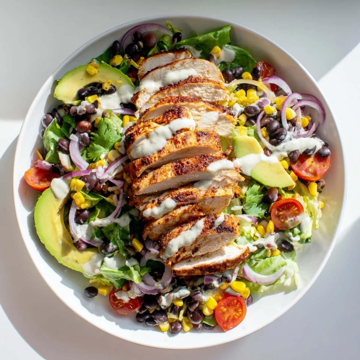 Smoky grilled chipotle lime chicken salad topped with sliced avocado and fresh cilantro on vibrant greens.