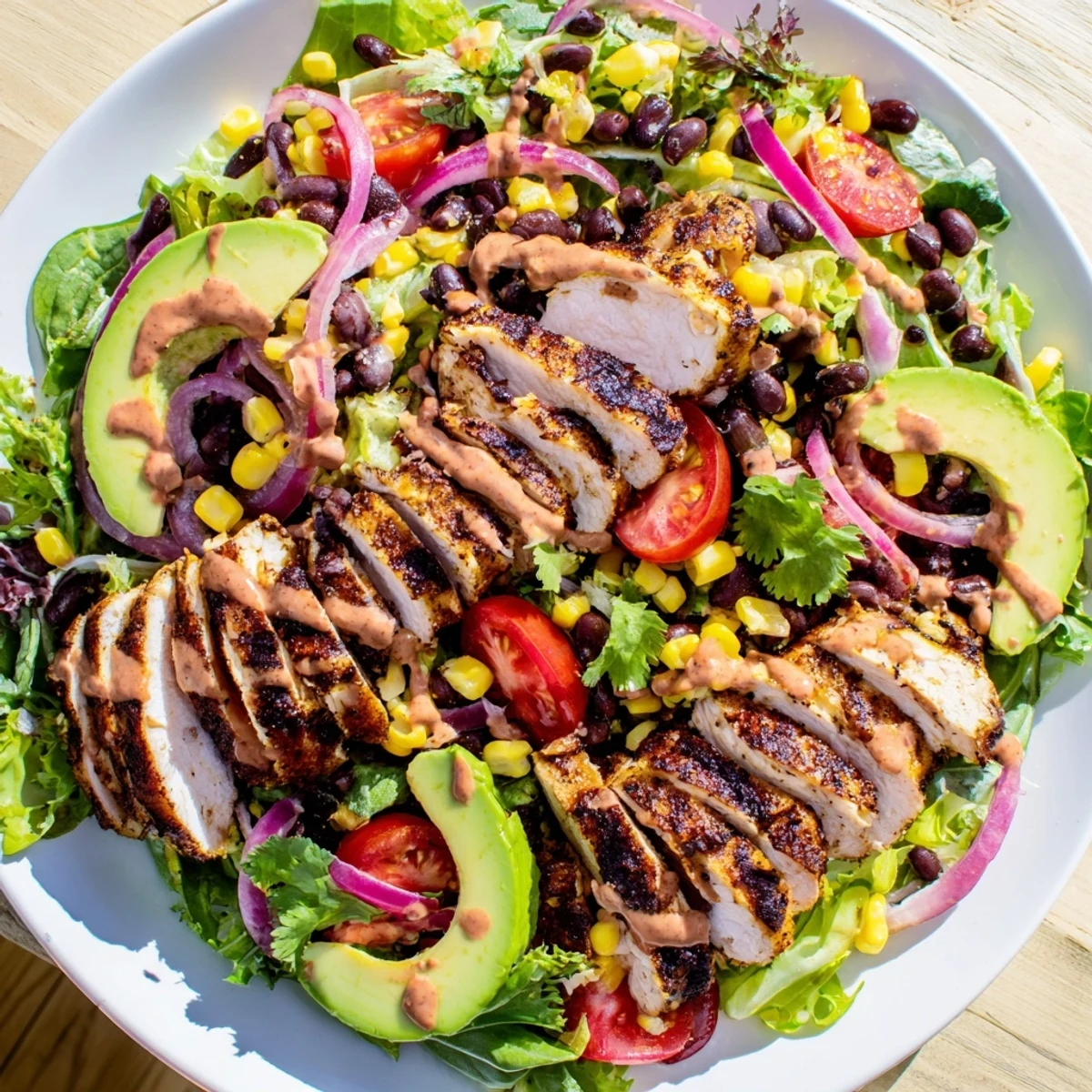 Freshly prepared chipotle lime chicken salad featuring juicy chicken slices and colorful vegetables on a plate.