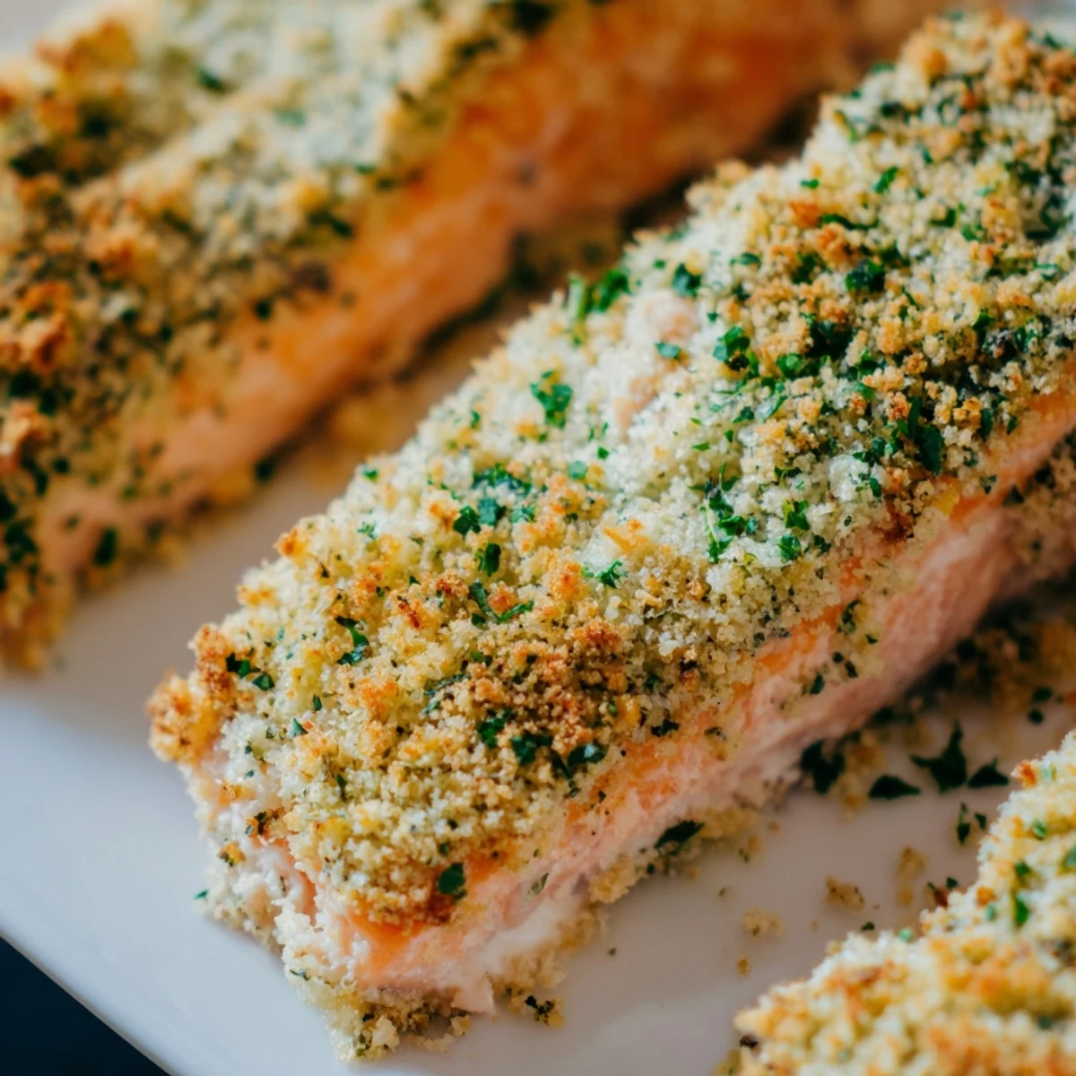 Weeknight dinner Crispy Parmesan Salmon with a crisp crust and tender fish served with lemon wedges.