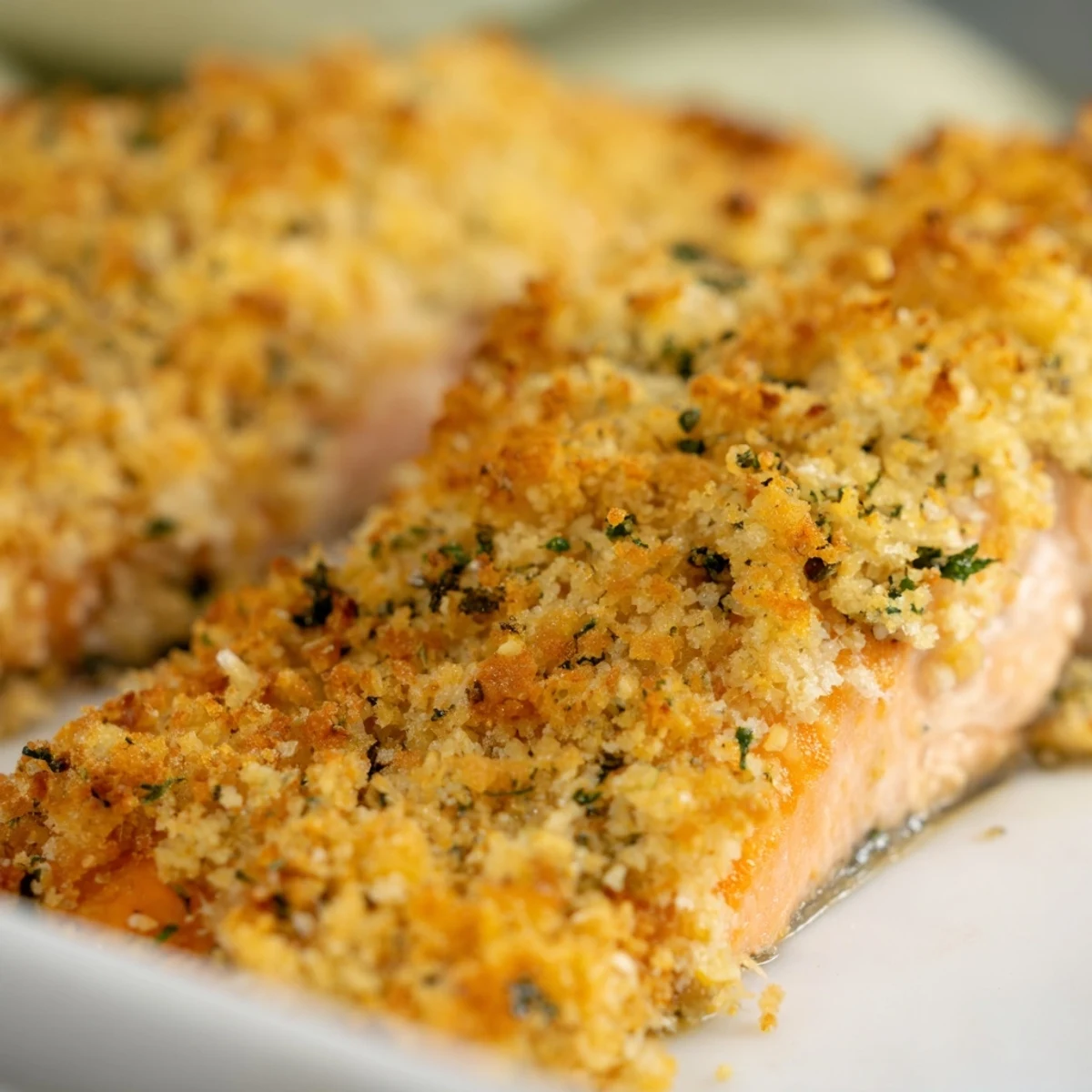 Freshly baked Crispy Parmesan Salmon fillets with a golden, crunchy cheese topping on a white plate.