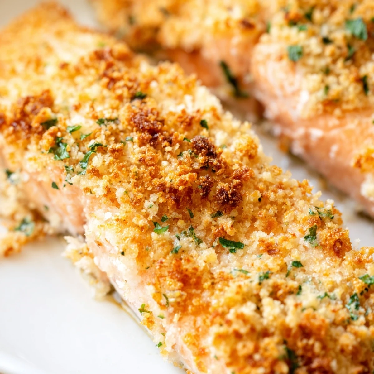 Easy baked Crispy Parmesan Salmon recipe showcasing a bubbly, golden Parmesan crust and fresh parsley garnish.
