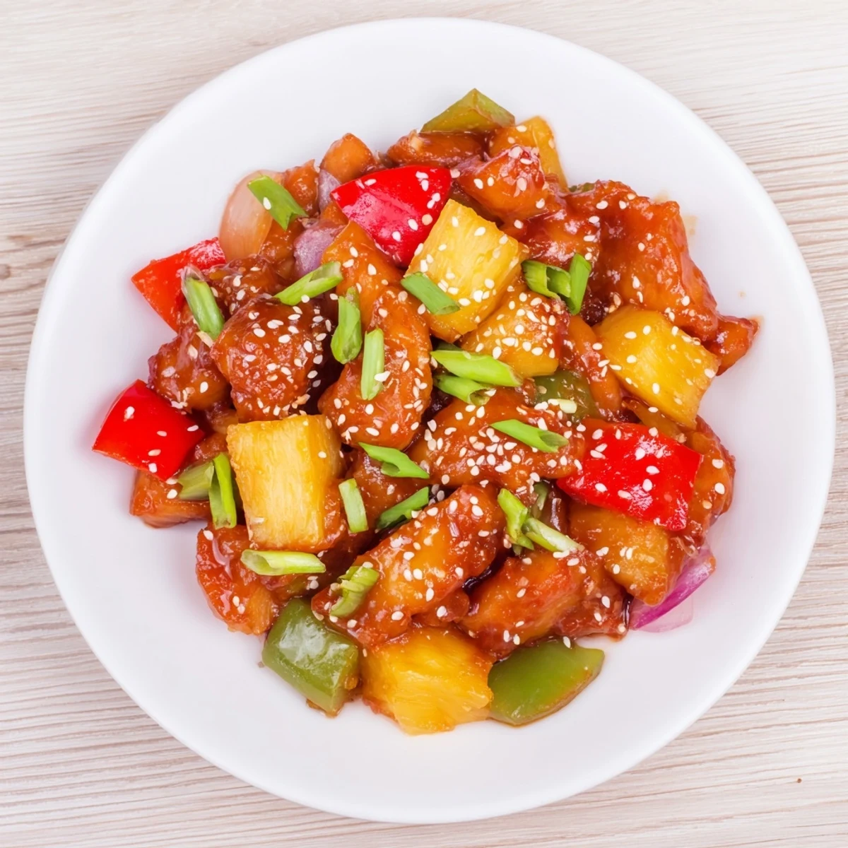 Easy Sweet Hawaiian Crockpot Chicken recipe plated for dinner, showing juicy chicken thighs cooked with pineapple and peppers in a rich sauce.